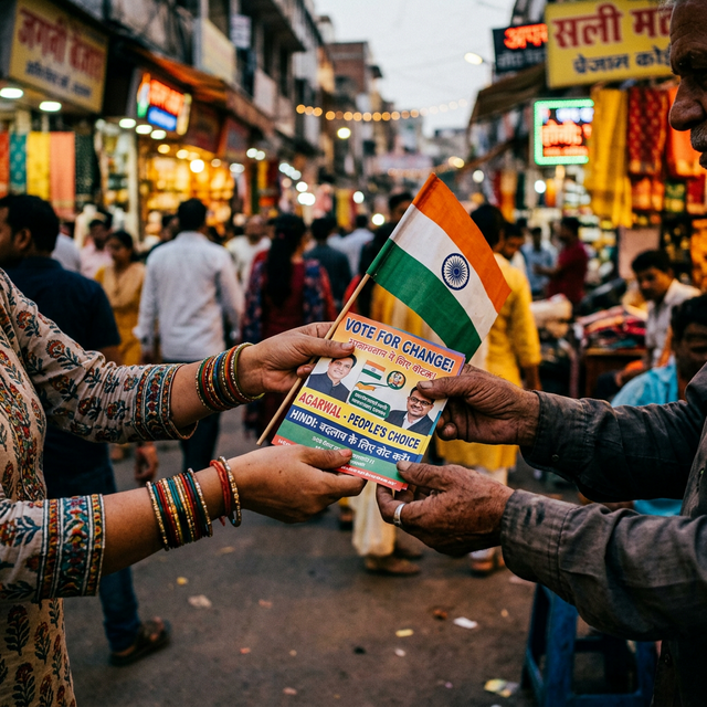 Grassroots campaign outreach: handing over a flyer and national flag